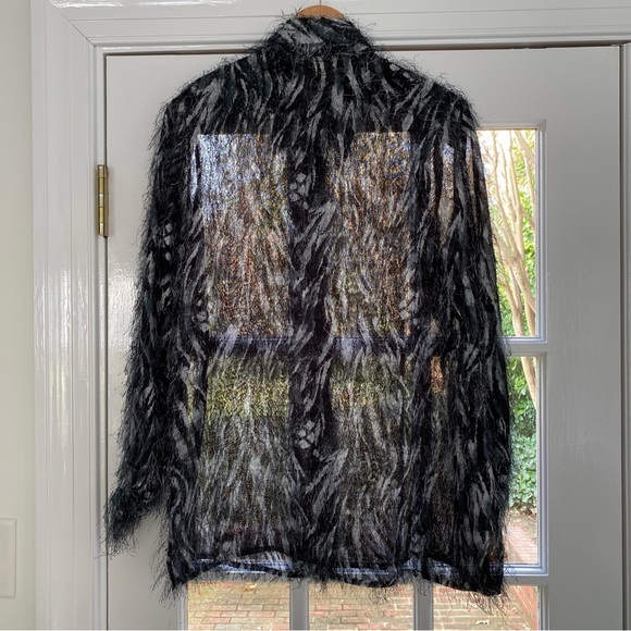 Long Sleeve Button Down Faux Feather Fringe Shacket Black White Women's Large - Picture 2 of 10
